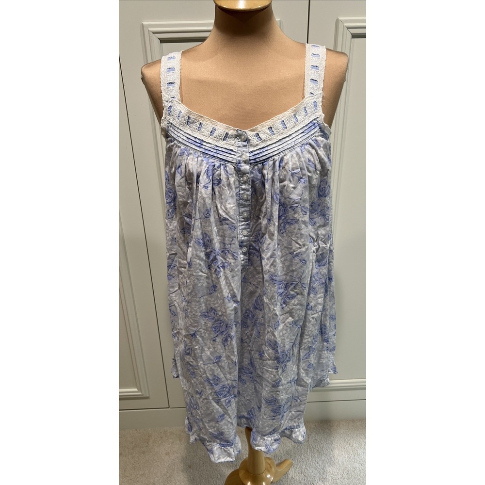 Eileen West Blue Floral Nightgown Size XS Lace Ribbon Accent Cottagecore Country